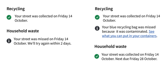 Image showing the previous and next collection dates for a household, split into bin types: recycling and household waste