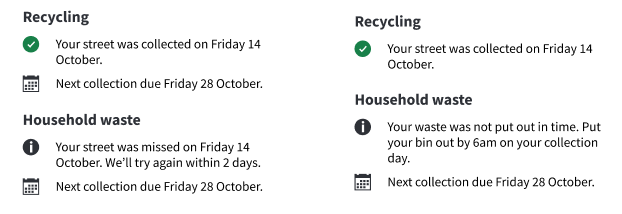 Examples from proposed wireframes with status information.