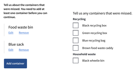 Examples from proposed wireframes with multiple container options.